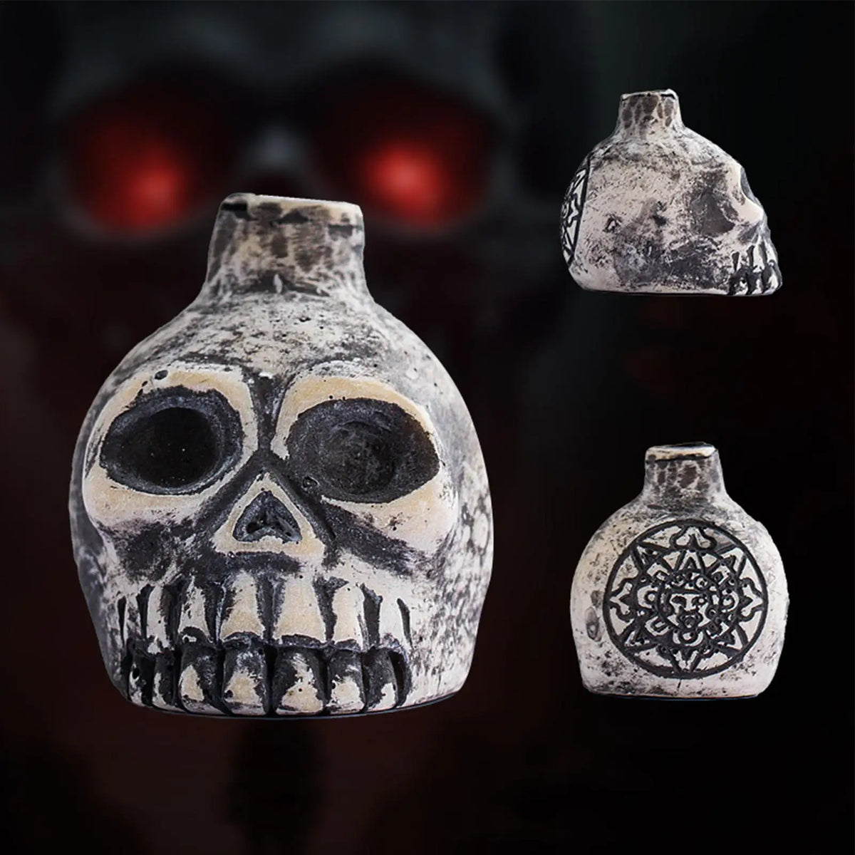 A ceramic Aztec skull whistle with intricate carvings shown in three views against a dark background.