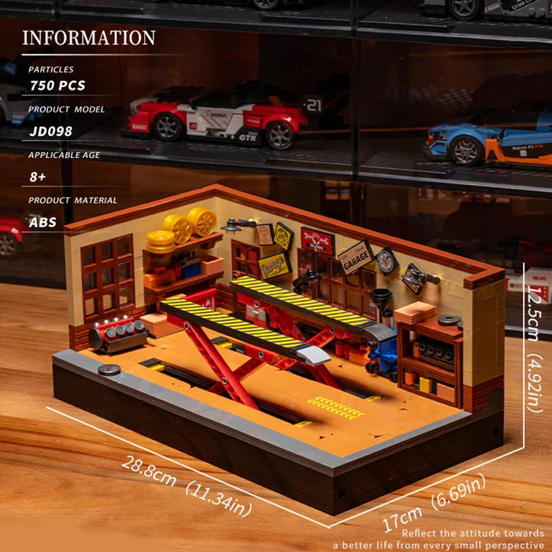 A wooden building block set depicting a retro car repair shop with various tools and miniature cars.