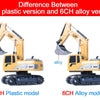 Comparison of a 5CH plastic version and a 6CH alloy version of a 1:24 scale remote control excavator model.