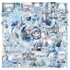 A watercolor sticker pack featuring winter cartoon scenes including snow, ice, animals, and festive decor.