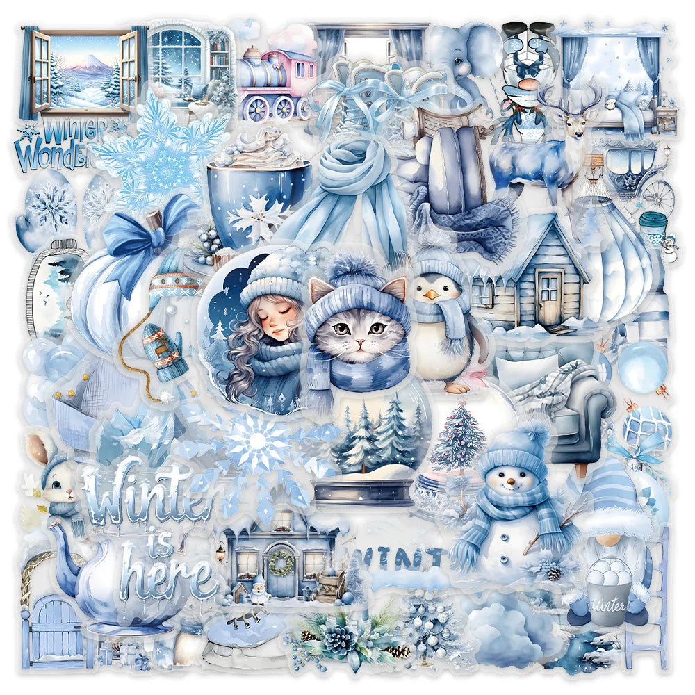 A watercolor sticker pack featuring winter cartoon scenes including snow, ice, animals, and festive decor.