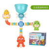 A set of dinosaur-themed suction cup water spinner bath toys for toddlers, including a yellow dinosaur, a blue pipe, and an o
