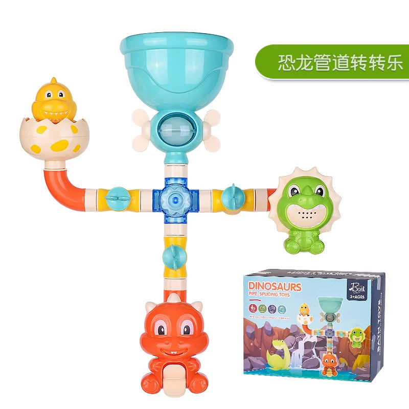 A set of dinosaur-themed suction cup water spinner bath toys for toddlers, including a yellow dinosaur, a blue pipe, and an o