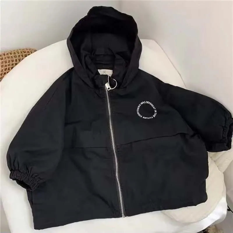 Black kids hooded letter print zip-up jacket displayed on a white surface.
