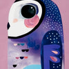 A painting by numbers kit featuring a stylized blue and white owl on a pink background.