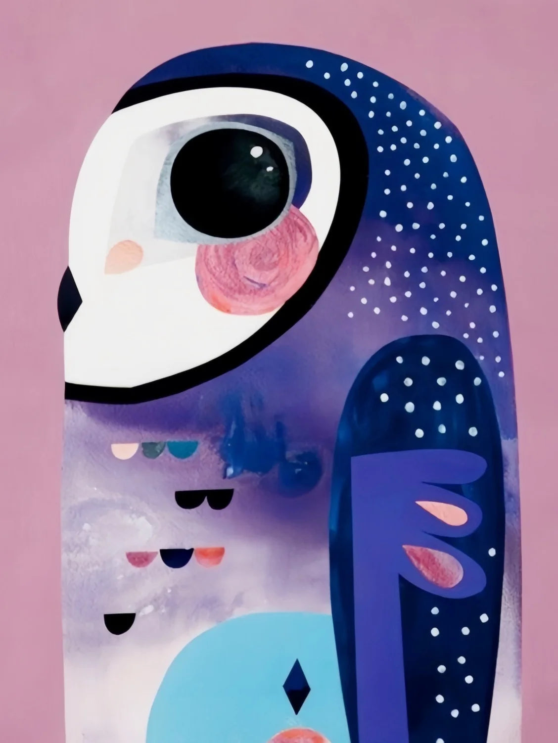 A painting by numbers kit featuring a stylized blue and white owl on a pink background.