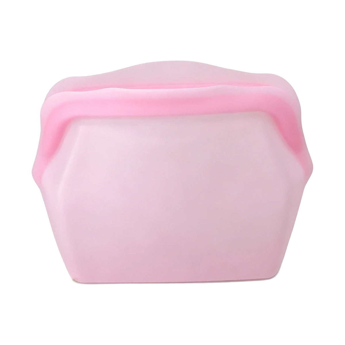 A pink reusable silicone storage bag with a slightly domed shape.