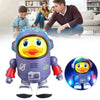 A purple interactive dancing space duck toy with yellow eyes and orange beak is shown in a close-up view.