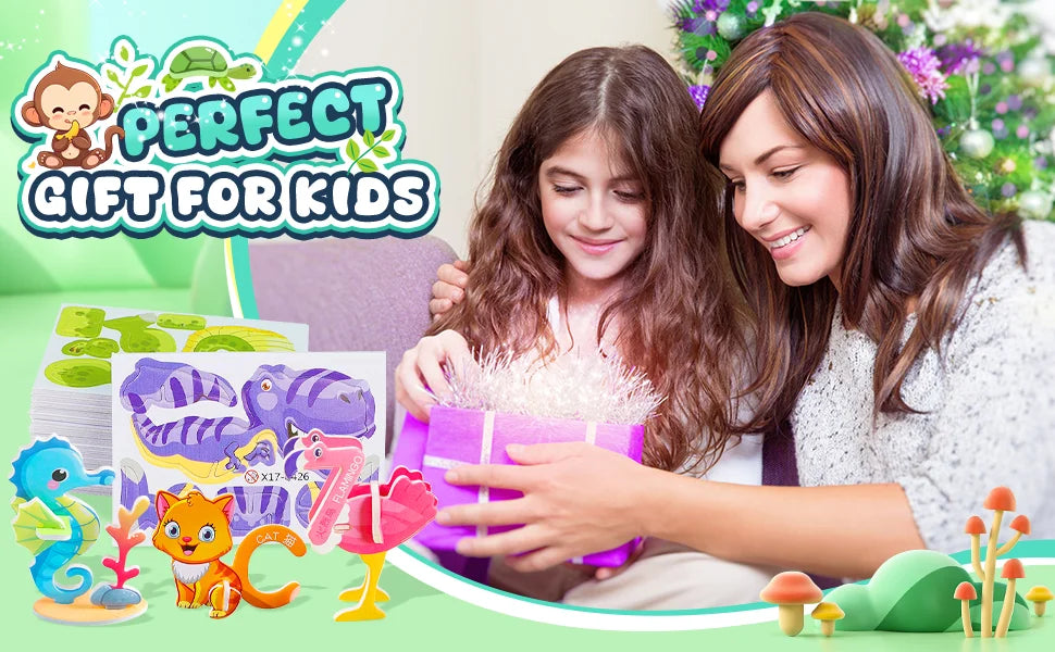 A woman is helping a girl assemble a colorful cardboard puzzle set featuring animals and vehicles.