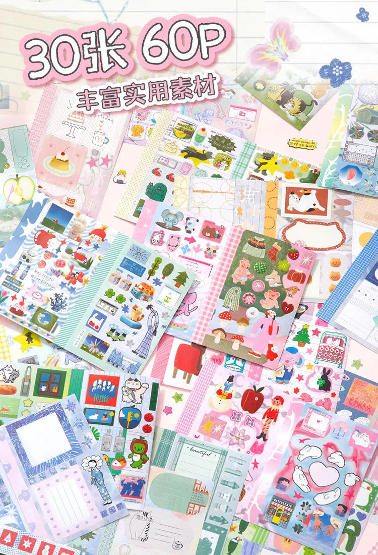 A collection of kawaii cartoon stickers and writable notes for DIY scrapbooking and crafting.