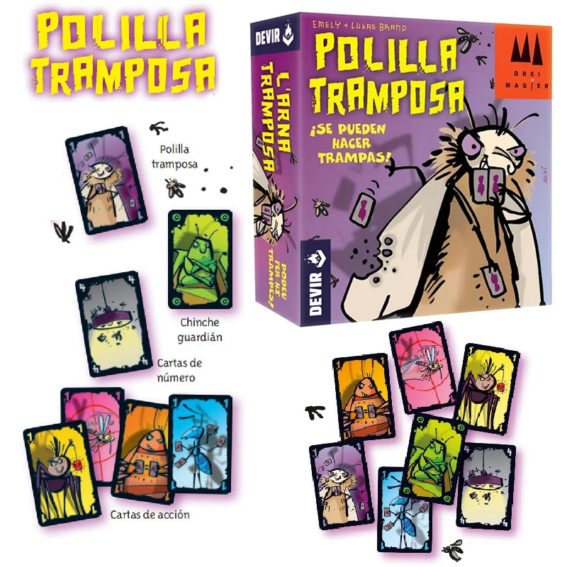 Box of Polilla Tramposa card game featuring illustrations and cards.