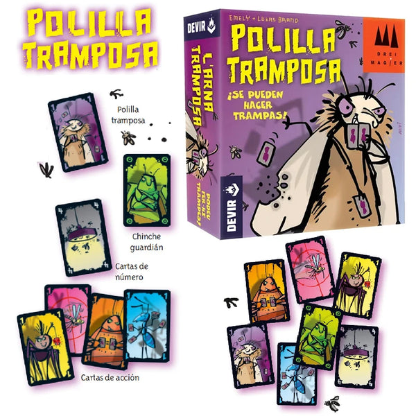 Box of Polilla Tramposa card game featuring illustrations and cards.