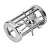 Stainless steel brain teaser puzzle lock set with a cylindrical body and multiple protruding pins.