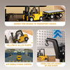A yellow 1:64 remote control crane and forklift with an added tow board, showing various features like alloy parts and app co