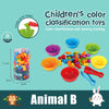 Children's color classification toys including various colored bowls and a small animal figure for sensory training