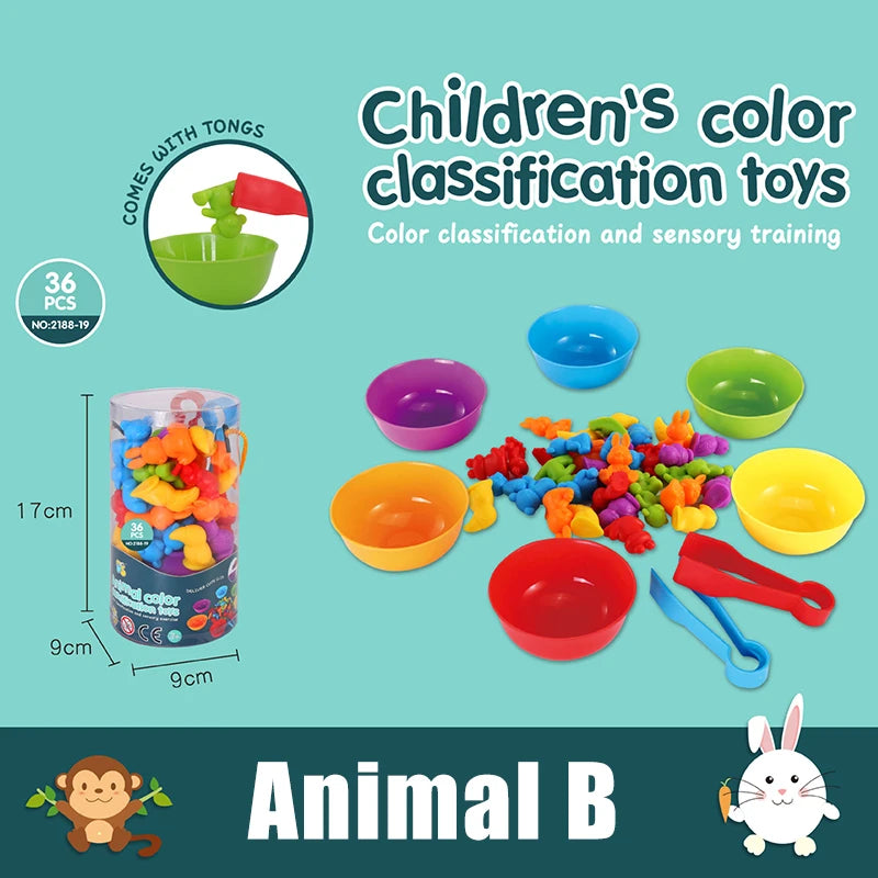 Children's color classification toys including various colored bowls and a small animal figure for sensory training