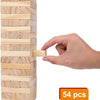 A hand is stacking light wood blocks to form a tower for a game, with 54 pieces visible.