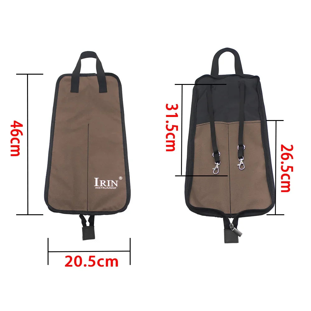 A brown and black drumstick carrier bag with handles and a clutch design shown in a side view.