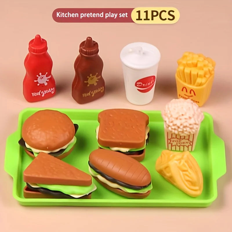 A set of 11 pretend play kitchen food items including burgers, sandwiches, and french fries displayed on a green tray.