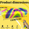 A rectangular butter stick squishy toy in rainbow colors is shown with its dimensions and features.