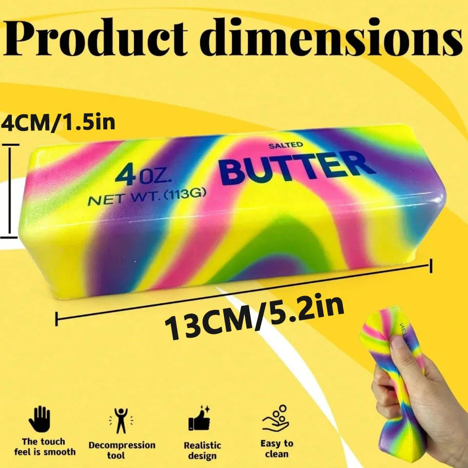 A rectangular butter stick squishy toy in rainbow colors is shown with its dimensions and features.