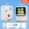 Front and back views of a white instant print camera with a lens, lanyard, and USB cable.