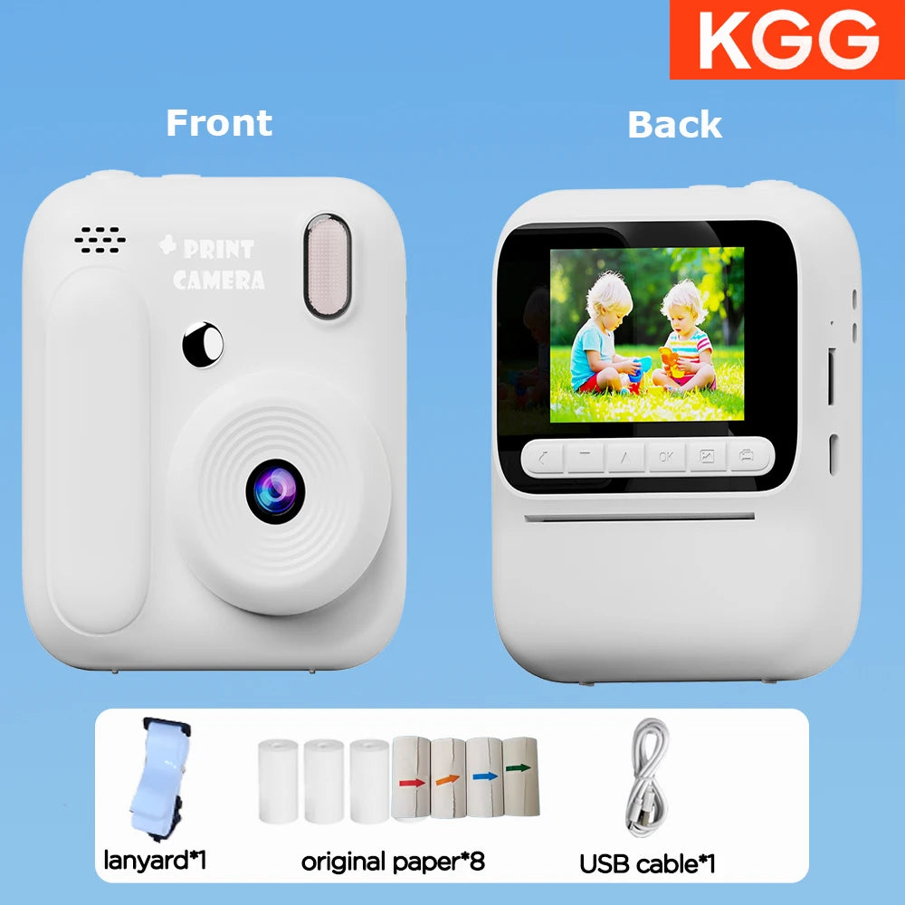 Front and back views of a white instant print camera with a lens, lanyard, and USB cable.
