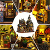 A detailed wooden 3D puzzle dollhouse kit depicting a magical city castle with intricate architecture and figures.