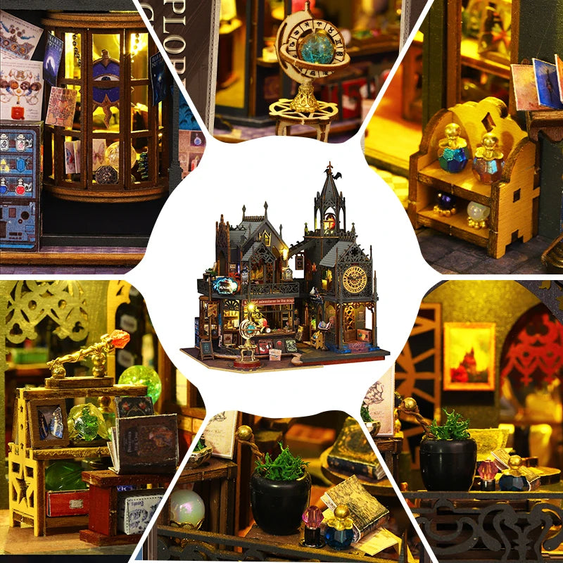 A detailed wooden 3D puzzle dollhouse kit depicting a magical city castle with intricate architecture and figures.