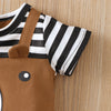 A brown romper with a black and white striped short sleeve top and matching tan overalls.