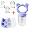Silicone baby fruit feeder set with freezer molds including silicone feeding parts and a clear container.