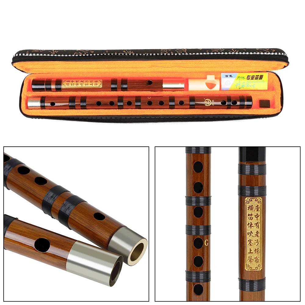 An open traditional Chinese bamboo flute (dizi) with a brass joint, shown alongside disassembled parts.