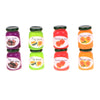 A set of five miniature ceramic jam jars in various colors and fruit designs for dollhouse kitchens