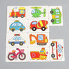 A set of 12 colorful vehicle and animal cards for a matching game.