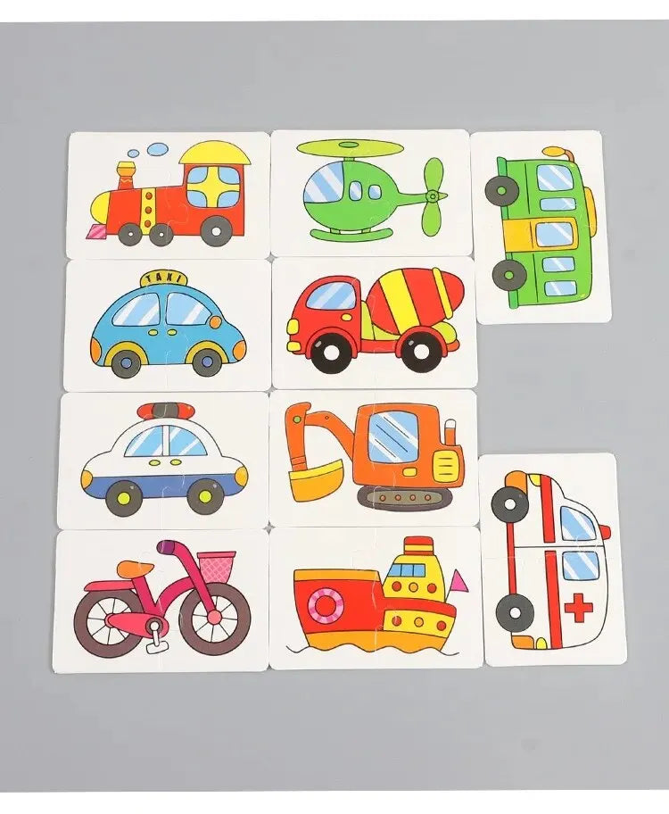 A set of 12 colorful vehicle and animal cards for a matching game.