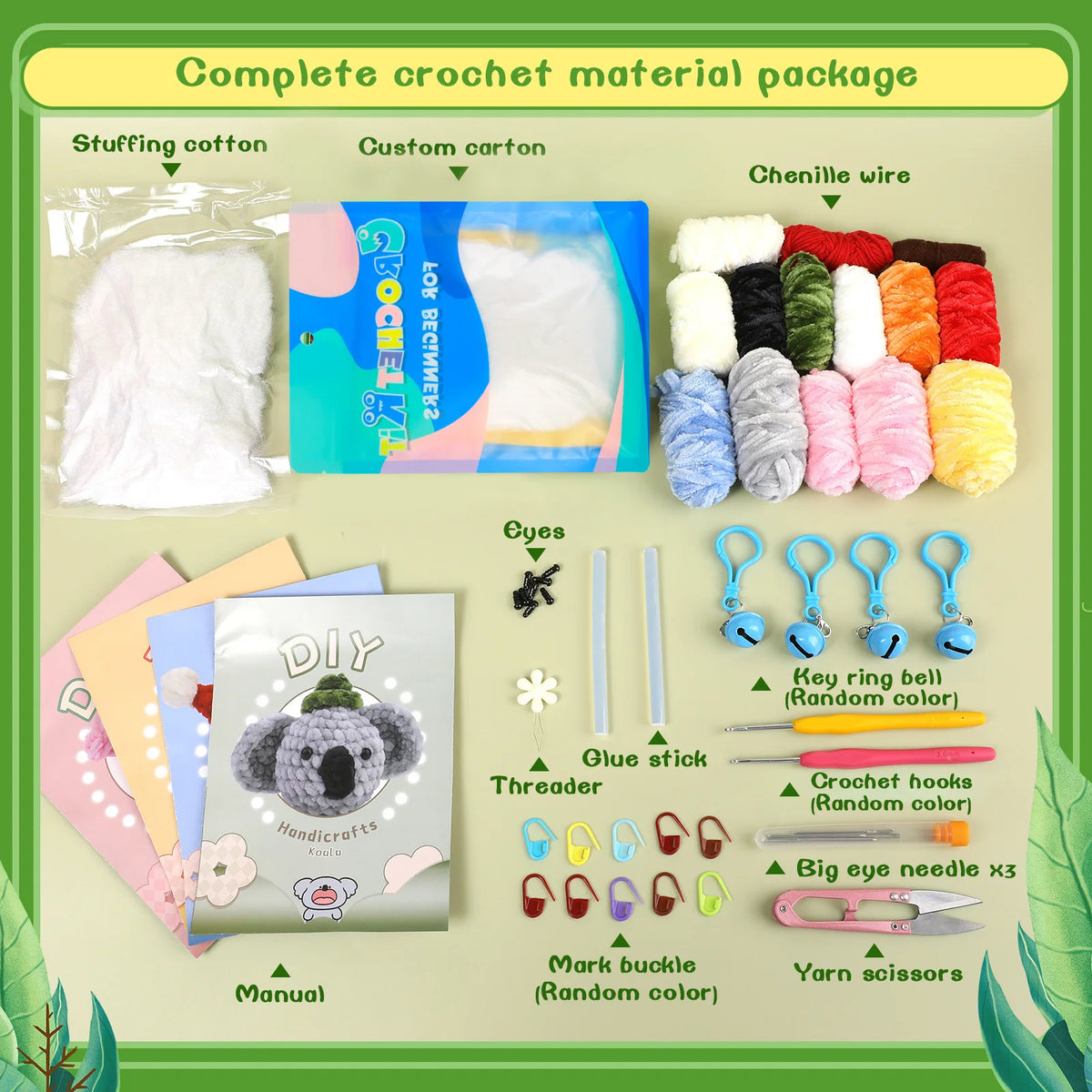 Complete crochet material package including stuffing cotton, custom carton, chenille wire, eyes, glue stick, threader, and ya