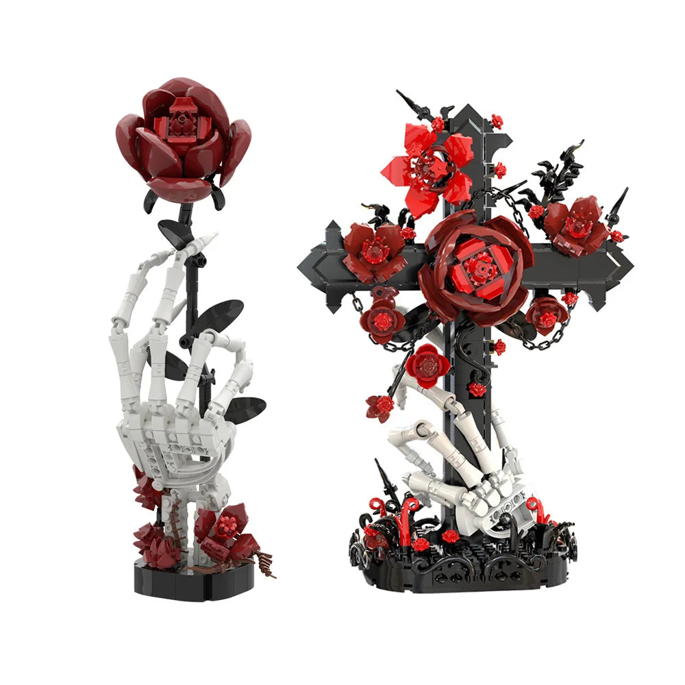 A building kit featuring a skeleton hand and rose bouquet elements in red and white.