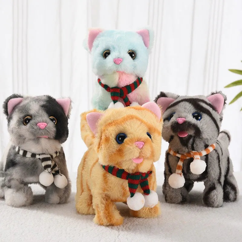 A collection of four plush cat toys in various colors and styles, including a light blue kitten, an orange kitten, and two gr
