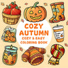 A collection of autumn-themed illustrations including a pumpkin, boots, and a candle in a jar for a coloring book.