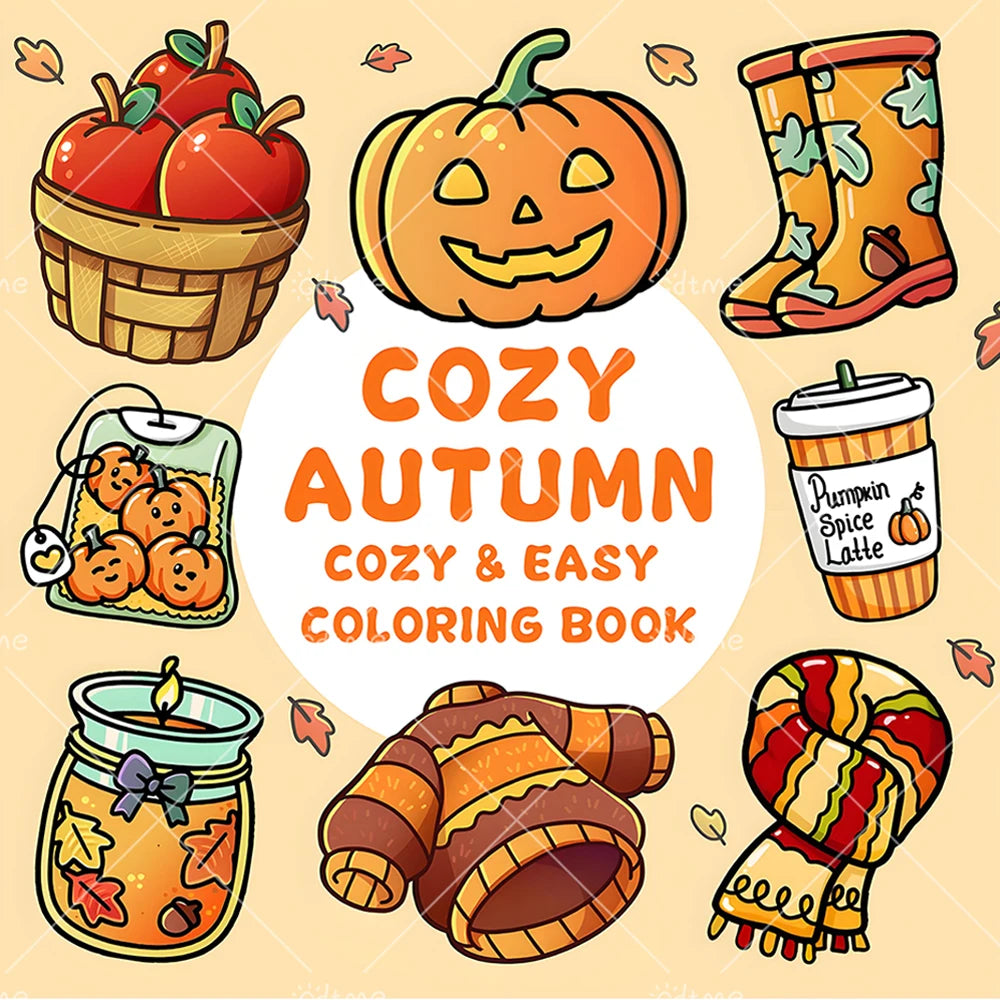 A collection of autumn-themed illustrations including a pumpkin, boots, and a candle in a jar for a coloring book.