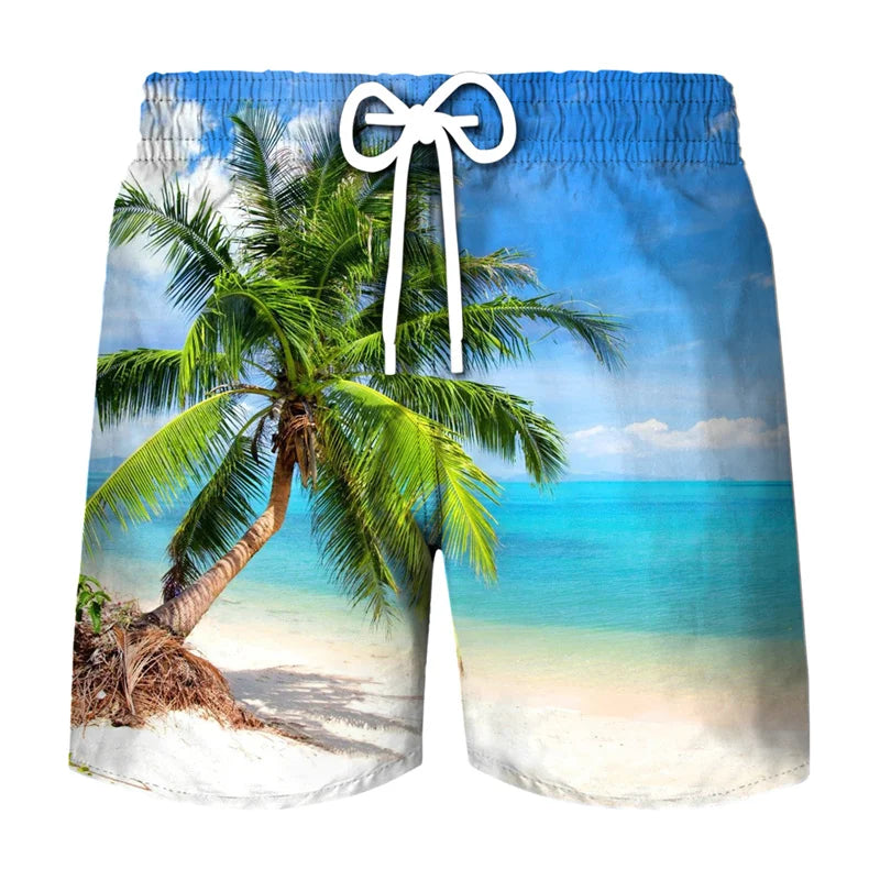Men's beach swim shorts featuring a tropical coconut tree print on a bright blue background.