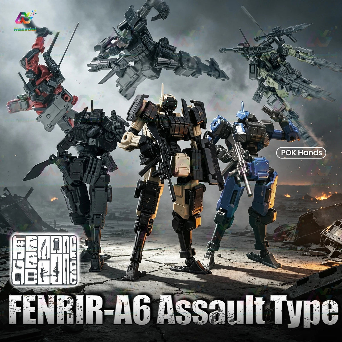 A collection of five 1/18 scale FENRIR A6 Assault Type mecha model kits posed in a dramatic, battle-like setting.