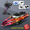 A high-speed RC boat with transparent colorful lights, a remote control, and a display rack are shown.
