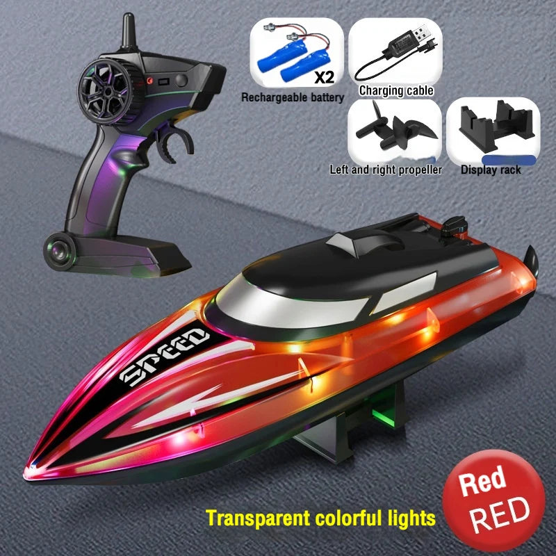 A high-speed RC boat with transparent colorful lights, a remote control, and a display rack are shown.