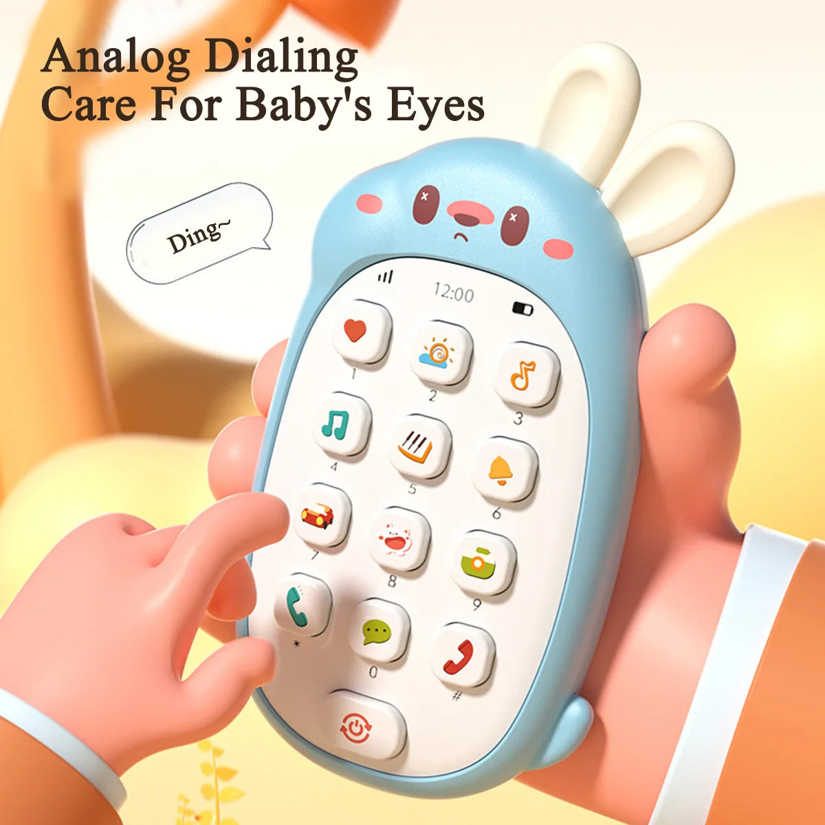 A hand holds a blue rabbit-shaped toy phone designed for baby's eyes, showing various buttons and learning features.