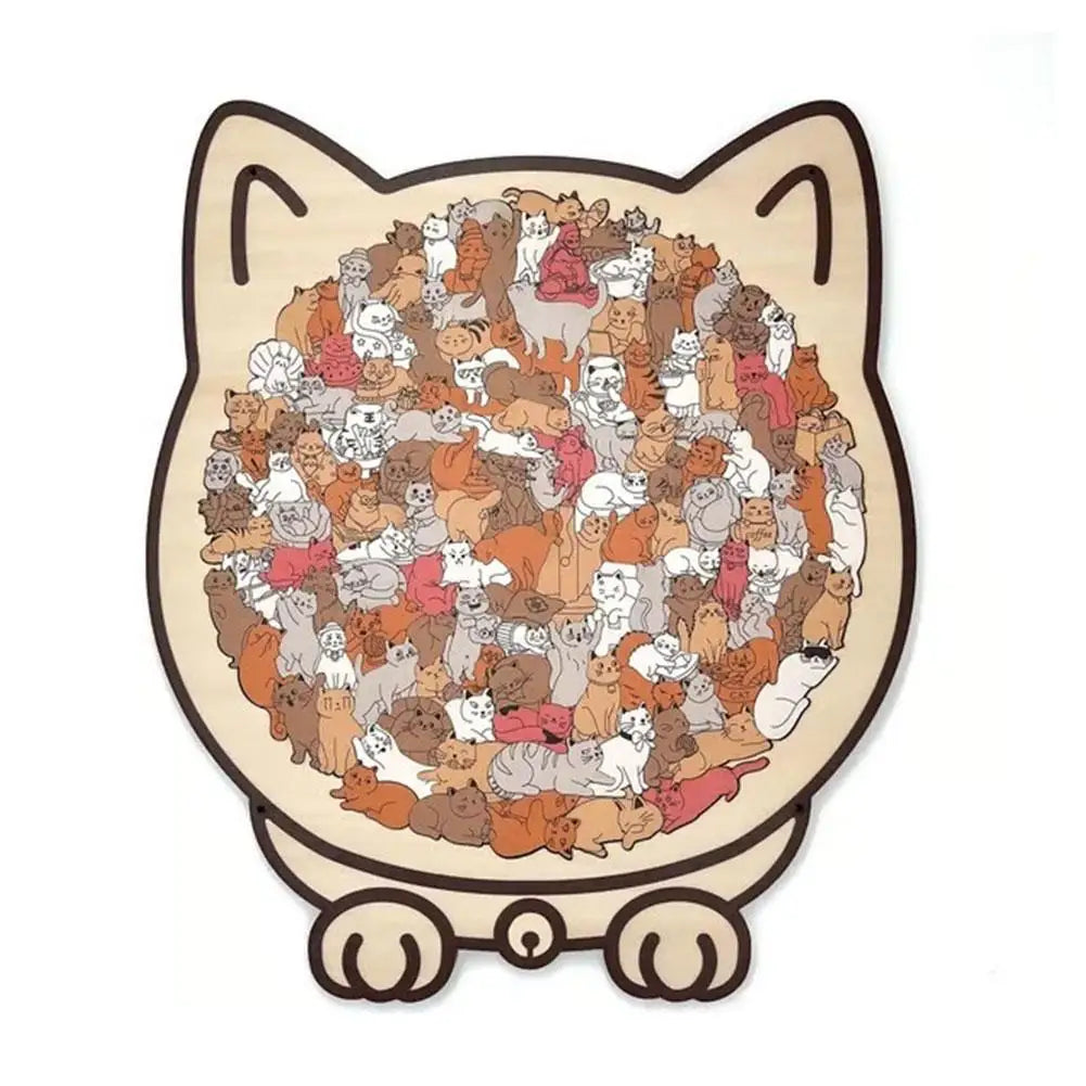 A wooden jigsaw puzzle shaped like a cat, featuring 135 unique pieces.