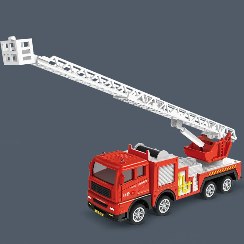 A red pull-back fire truck toy with a movable white ladder, designed for children.