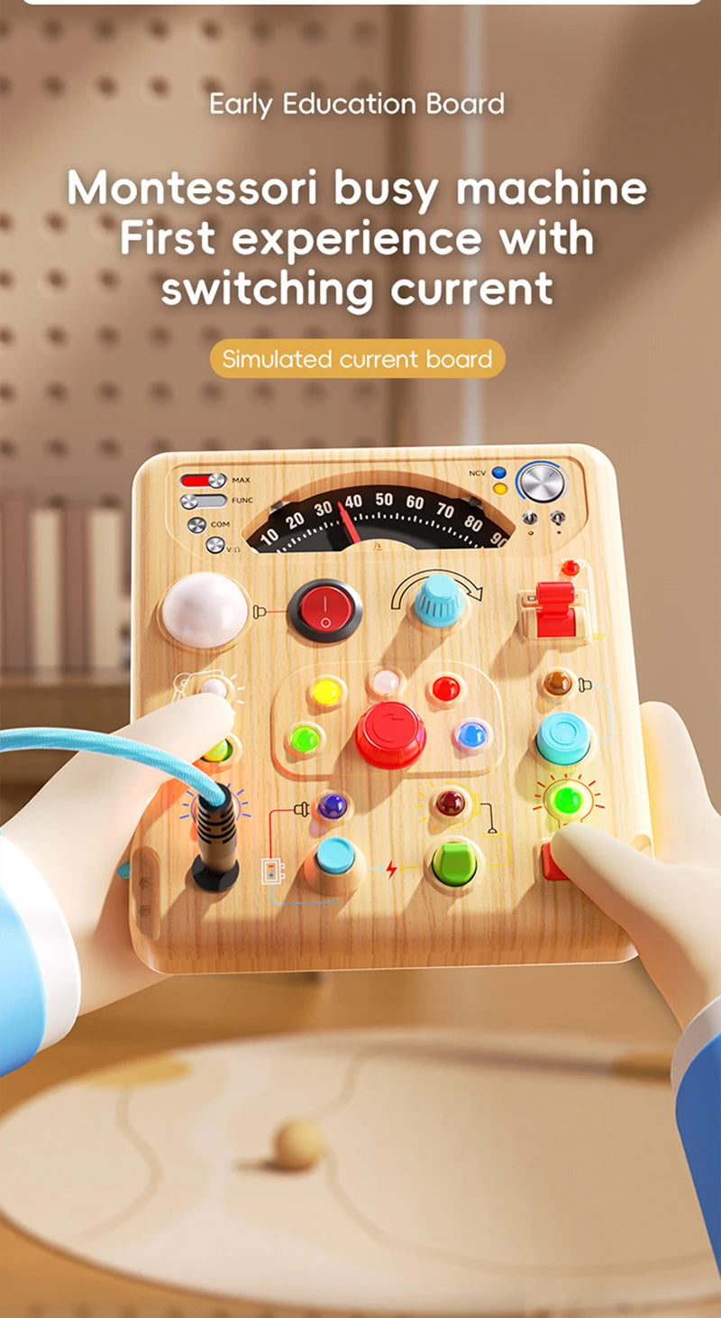 A child's hands interact with a Montessori busy machine circuit board featuring switches, lights, and a switching current sim