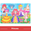 A wooden tangram puzzle set featuring several princess figures in colorful dresses and crowns.
