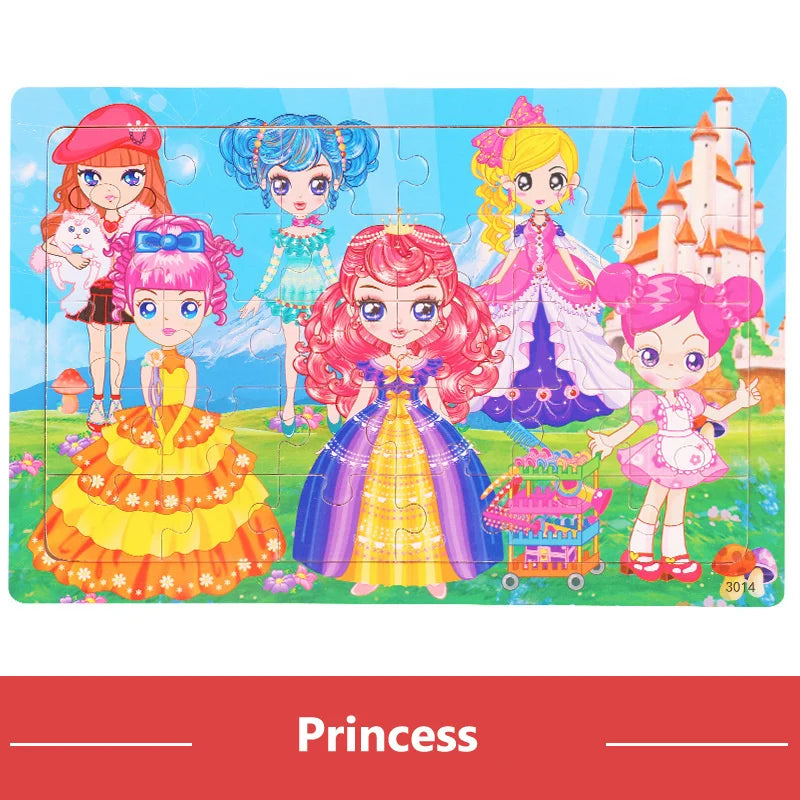 A wooden tangram puzzle set featuring several princess figures in colorful dresses and crowns.
